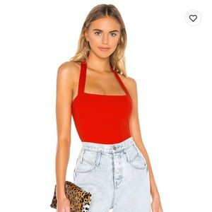 Revolve Super Down red halter bodysuit